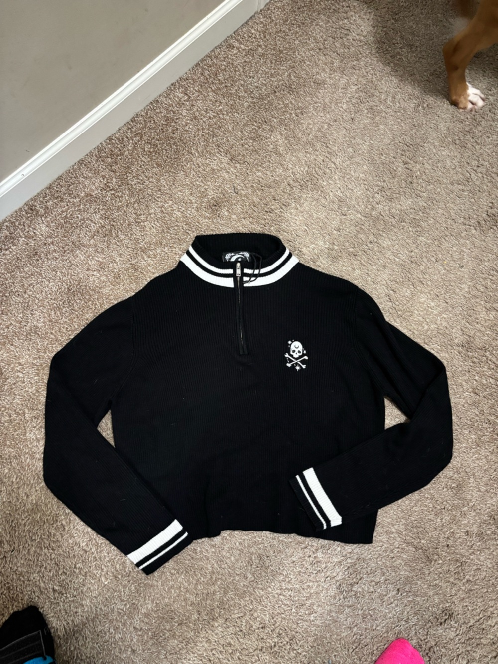 Killstar Black Cropped Zip-Neck Sweater with White Stripe Accents - Picture 2 of 6